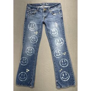 American Eagle Outfitters Blue Denim Boyfriend Jeans with White Smile Stencils